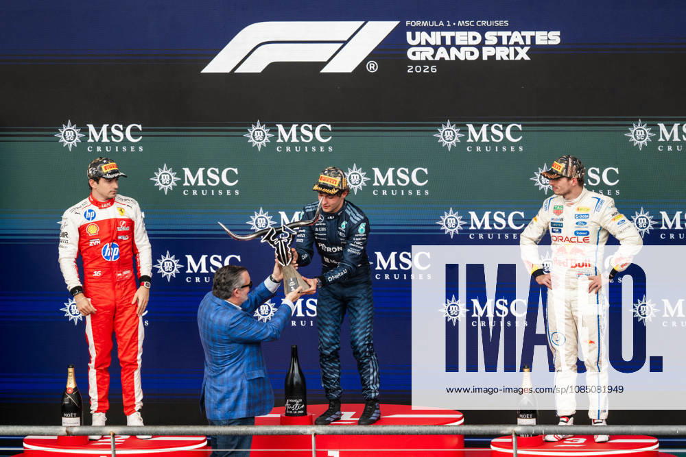 United States Grand Prix Podium - Austin US Senator Ted Cruz (R-TX) presents the trophy to race winner Mercedes driver Andrea Kimi Antonelli (12) next to Ferrari driver Charles Leclerc (16) and Red Bull Racing driver Max Verstappen (3) on the podium at the conclusion of the United States Formula One Grand Prix at the Circuit of the Americas in Austin, Texas, on October 25, 2026. Photo by Alexis Jumeau ABACAPRESS.COM Austin Texas
