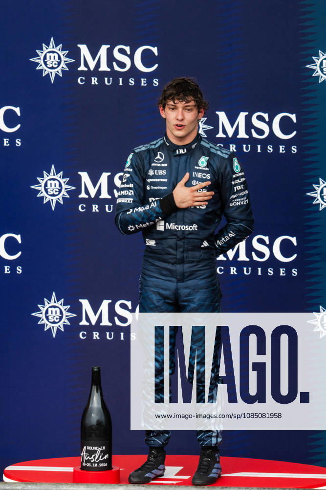 United States Grand Prix Podium - Austin Mercedes driver Andrea Kimi Antonelli (12) on the podium at the conclusion of the United States Formula One Grand Prix at the Circuit of the Americas in Austin, Texas, on October 25, 2026. Photo by Alexis Jumeau ABACAPRESS.COM Austin Texas