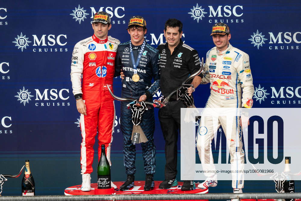 United States Grand Prix Podium - Austin Ferrari driver Charles Leclerc (16), Mercedes driver Andrea Kimi Antonelli (12), Mercedes Chief of Aerodynamic Technology Pierluigi Orsi and Red Bull Racing driver Max Verstappen (3) on the podium at the conclusion of the United States Formula One Grand Prix at the Circuit of the Americas in Austin, Texas, on October 25, 2026. Photo by Alexis Jumeau ABACAPRESS.COM Austin Texas