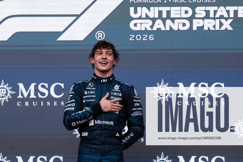 AUSTIN, UNITED STATES, OCT 25: Race winner Andrea Kimi Antonelli of Italy and Mercedes AMG Petronas F1 Team on the podium during the F1 Grand Prix of United States at Circuit of The Americas on October 25, 2026 in Austin, Texas (photo by Richard Callis SPP)