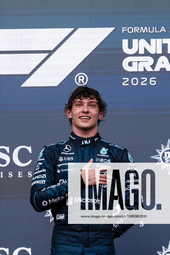 AUSTIN, UNITED STATES, OCT 25: Race winner Andrea Kimi Antonelli of Italy and Mercedes AMG Petronas F1 Team on the podium during the F1 Grand Prix of United States at Circuit of The Americas on October 25, 2026 in Austin, Texas (photo by Richard Callis SPP)