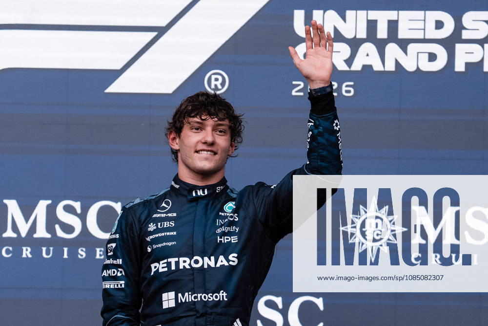 AUSTIN, UNITED STATES, OCT 25: Race winner Andrea Kimi Antonelli of Italy and Mercedes AMG Petronas F1 Team on the podium during the F1 Grand Prix of United States at Circuit of The Americas on October 25, 2026 in Austin, Texas (photo by Richard Callis SPP)