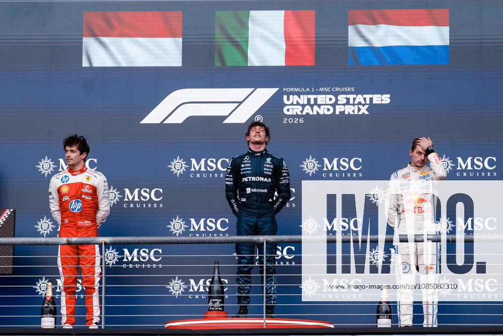 AUSTIN, UNITED STATES, OCT 25: Race winner Andrea Kimi Antonelli of Italy and Mercedes AMG Petronas F1 Team Second placed Charles Leclerc of Monaco and Scuderia Ferrari and Third placed Max Verstappen of the Netherlands and Oracle Red Bull Racing on the podium during the F1 Grand Prix of United States at Circuit of The Americas on October 25, 2026 in Austin, Texas (photo by Richard Callis SPP)