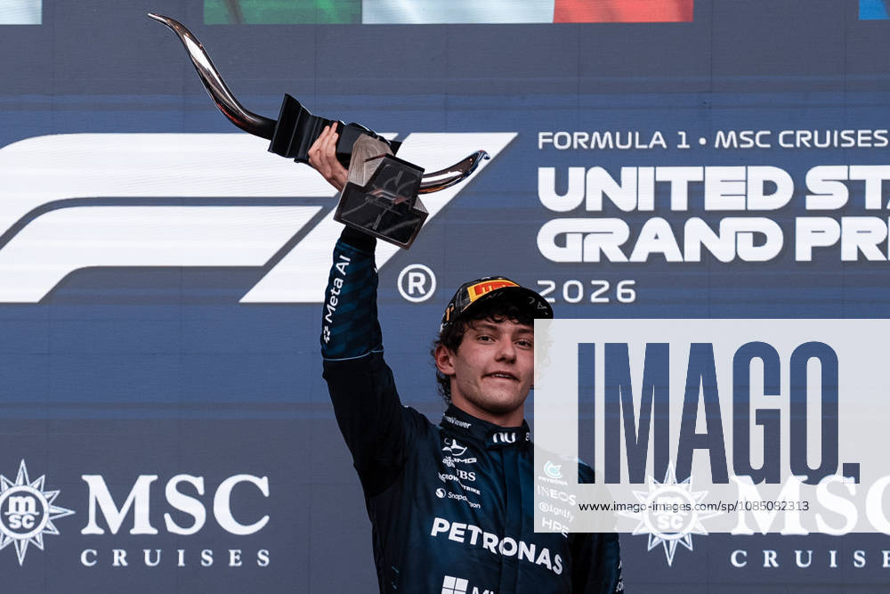 AUSTIN, UNITED STATES, OCT 25: Race winner Andrea Kimi Antonelli of Italy and Mercedes AMG Petronas F1 Team celebrates on the podium during the F1 Grand Prix of United States at Circuit of The Americas on October 25, 2026 in Austin, Texas (photo by Richard Callis SPP)