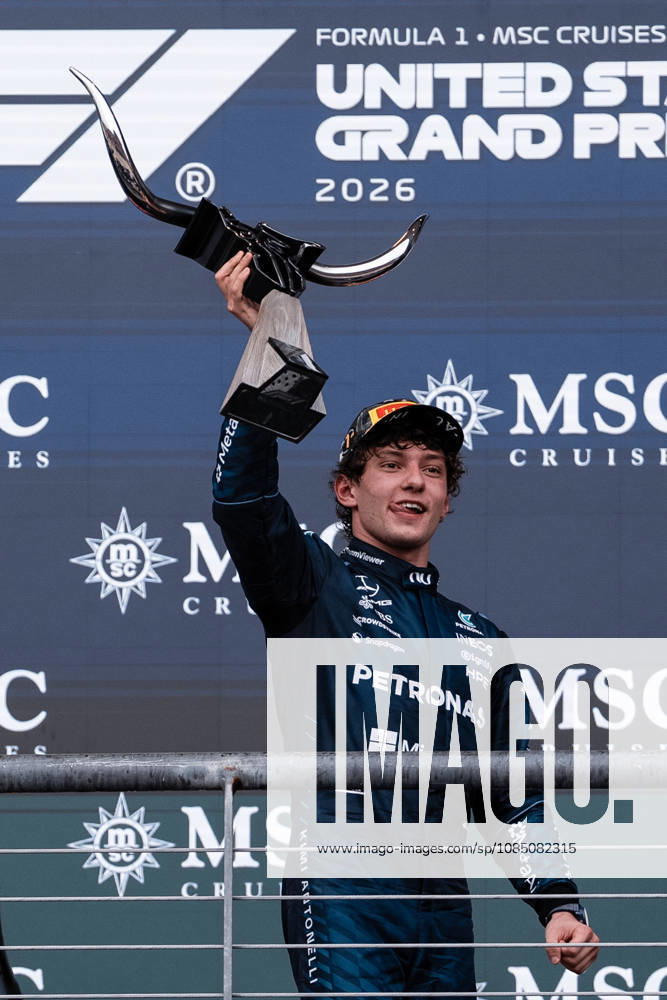 AUSTIN, UNITED STATES, OCT 25: Race winner Andrea Kimi Antonelli of Italy and Mercedes AMG Petronas F1 Team celebrates on the podium during the F1 Grand Prix of United States at Circuit of The Americas on October 25, 2026 in Austin, Texas (photo by Richard Callis SPP)