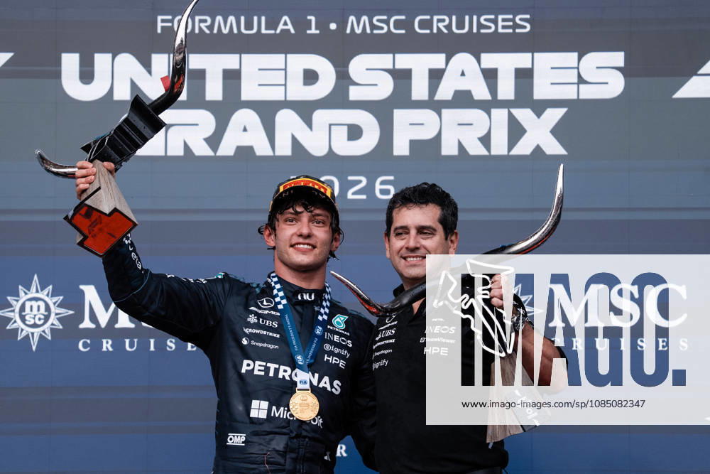 AUSTIN, UNITED STATES, OCT 25: Race winner Andrea Kimi Antonelli (12) of Italy and Mercedes-AMG PETRONAS Formula One Team (L) and Mercedes Chief of Aerodynamic Technology Pierluigi Orsi (R) celebrate on the podium after during the F1 Grand Prix of United States at Circuit of The Americas on October 25, 2026 in Austin, Texas (photo by Richard Callis SPP)