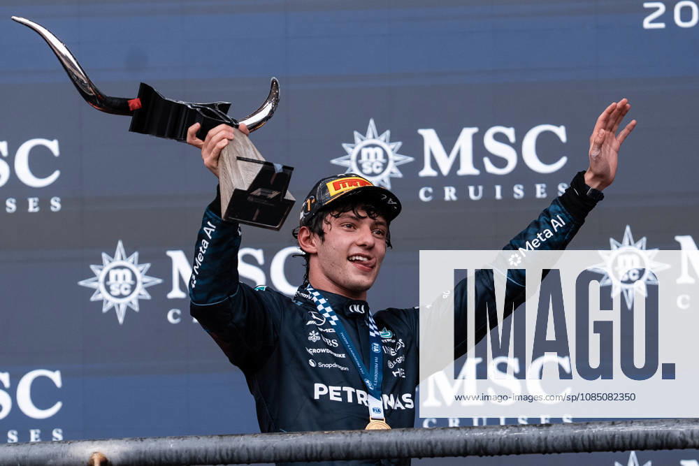 AUSTIN, UNITED STATES, OCT 25: Race winner Andrea Kimi Antonelli of Italy and Mercedes AMG Petronas F1 Team celebrates on the podium during the F1 Grand Prix of United States at Circuit of The Americas on October 25, 2026 in Austin, Texas (photo by Richard Callis SPP)