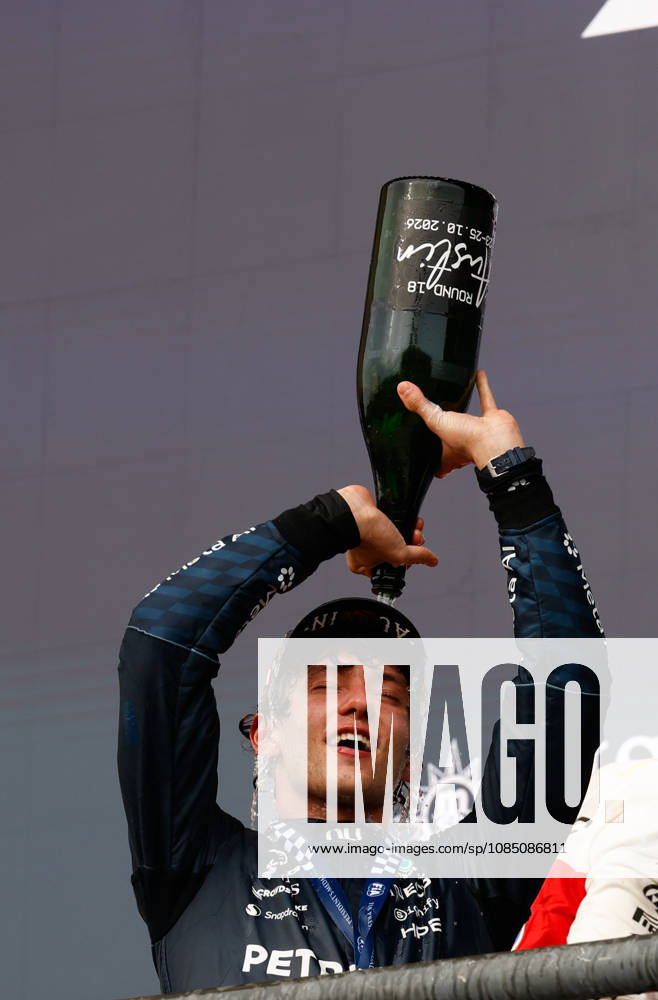 F1 Grand Prix USA - Race Kimi Antonelli celebrates on the podium after finishing first in the Formula 1 MSC Cruises United States Grand Prix at Circuit of the Americas in Austin, Texas, United States, on October 25, 2026. Austin Texas United States