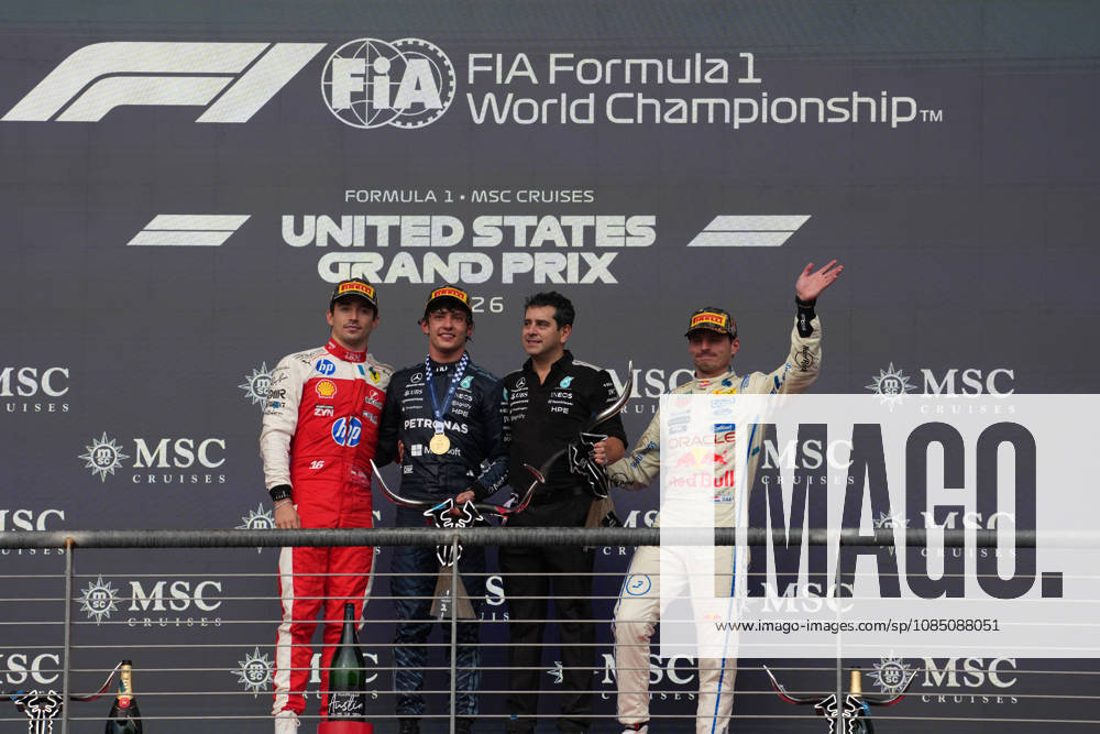 Formula 1 MSC Cruises United States Grand Prix 2026 Winner Italian driver Andrea Kimi Antonelli (M) Mercedes-AMG Petronas Formula One Team, ssecond place for Monegasque driver Charles Leclerc (L) of Scuderia Ferrari HP, third place for Dutch driver Max Verstappen of Oracle Red Bull Racing on the podium after the formula 1 msc cruises united states grand prix 2026 at the Circuit of the Americas in Austtin, united states October 25 2026. Austin United States