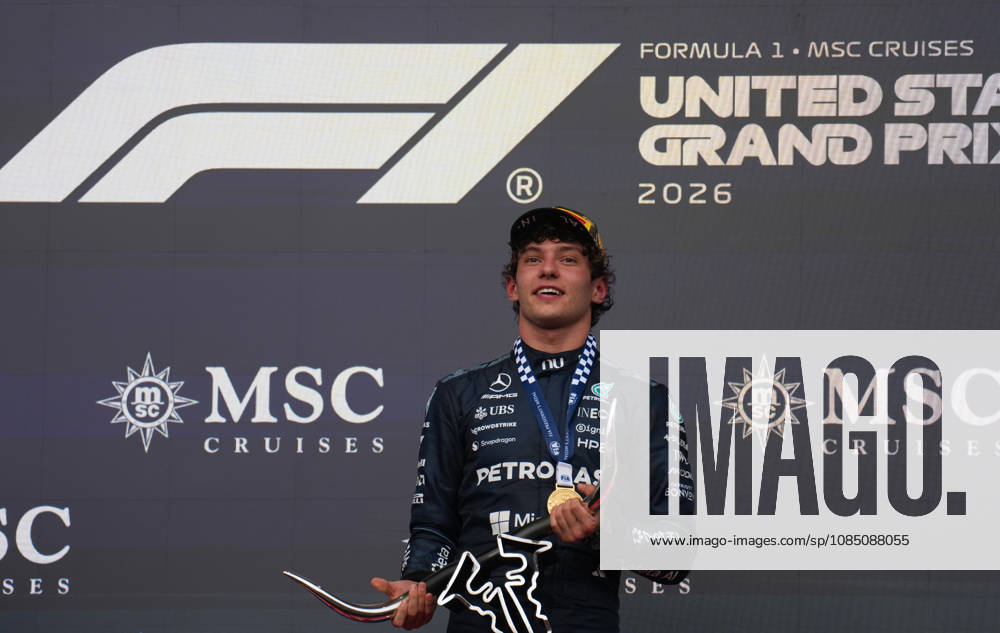 Formula 1 MSC Cruises United States Grand Prix 2026 Winner Italian driver Andrea Kimi Antonelli Mercedes-AMG Petronas Formula One Team on the podium after the formula 1 msc cruises united states grand prix 2026 at the Circuit of the Americas in Austtin, united states October 25 2026. Austin United States