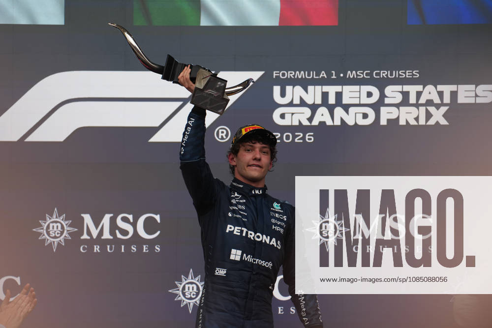 Formula 1 MSC Cruises United States Grand Prix 2026 Winner Italian driver Andrea Kimi Antonelli Mercedes-AMG Petronas Formula One Team on the podium after the formula 1 msc cruises united states grand prix 2026 at the Circuit of the Americas in Austtin, united states October 25 2026. Austin United States