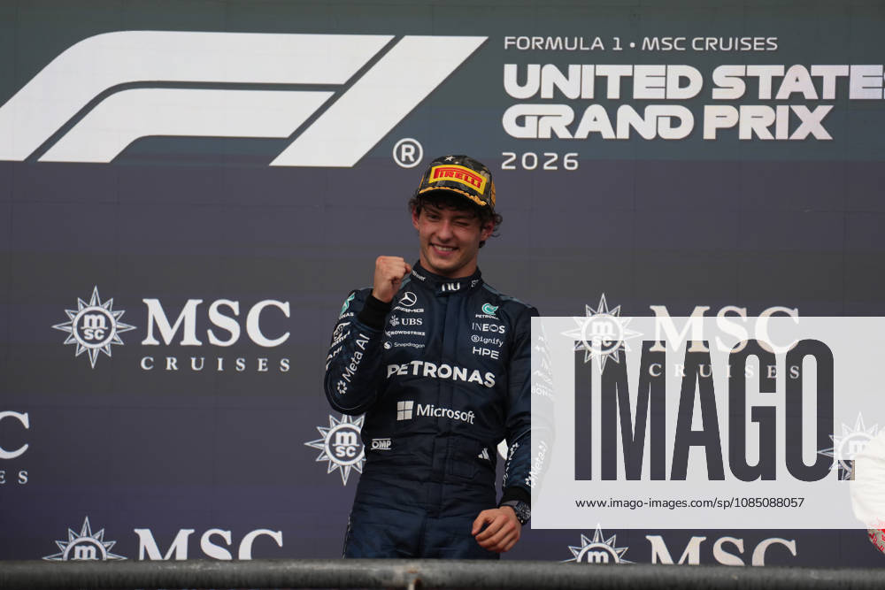 Formula 1 MSC Cruises United States Grand Prix 2026 Winner Italian driver Andrea Kimi Antonelli Mercedes-AMG Petronas Formula One Team on the podium after the formula 1 msc cruises united states grand prix 2026 at the Circuit of the Americas in Austtin, united states October 25 2026. Austin United States