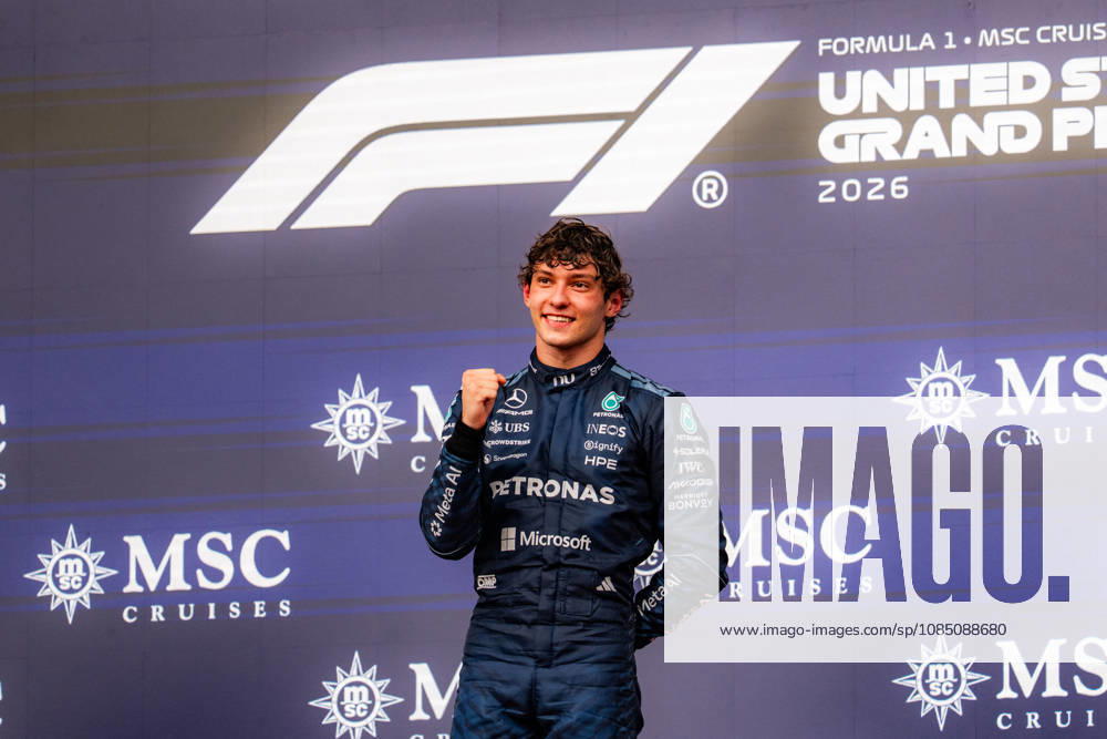 United States Grand Prix Podium - Austin ANDREA KIMI ANTONELLI 12 (ITA) of Mercedes-AMG PETRONAS Formula One Team (Mercedes-AMG F1 W17) celebrating his win on the podium on Sunday during the Formula 1 United States Grand Prix 2026 at Circuit of The Americas in Austin, Texas, United States, on October 25, 2026. Photo by Antoine LAPEYRE Reveries Agency ABACAPRESS.COM Austin United States