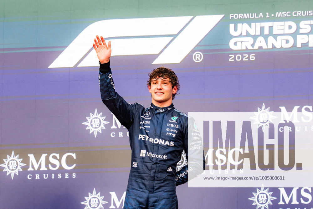 United States Grand Prix Podium - Austin ANDREA KIMI ANTONELLI 12 (ITA) of Mercedes-AMG PETRONAS Formula One Team (Mercedes-AMG F1 W17) celebrating his win on the podium on Sunday during the Formula 1 United States Grand Prix 2026 at Circuit of The Americas in Austin, Texas, United States, on October 25, 2026. Photo by Antoine LAPEYRE Reveries Agency ABACAPRESS.COM Austin United States