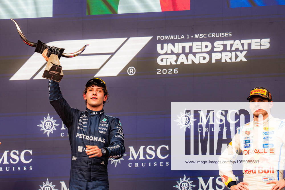 United States Grand Prix Podium - Austin ANDREA KIMI ANTONELLI 12 (ITA) of Mercedes-AMG PETRONAS Formula One Team (Mercedes-AMG F1 W17) celebrating his win on the podium on Sunday during the Formula 1 United States Grand Prix 2026 at Circuit of The Americas in Austin, Texas, United States, on October 25, 2026. Photo by Antoine LAPEYRE Reveries Agency ABACAPRESS.COM Austin United States