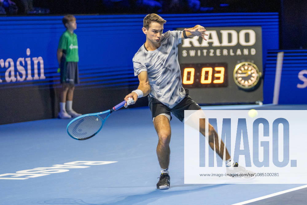 BASEL, SWITZERLAND, OCTOBER 26 — Mariano Navone of Argentina hits a forehand against Valentin Vacherot of Monaco during Day 3 of the Swiss Indoors Basel at St. Jakobshalle on October 26, 2026, in Basel, Switzerland