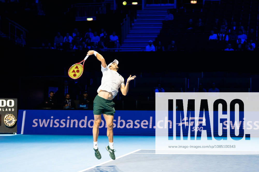 BASEL, SWITZERLAND, OCTOBER 26 — Valentin Vacherot of Monaco serves the ball against Mariano Navone of Argentina during Day 3 of the Swiss Indoors Basel at St. Jakobshalle on October 26, 2026, in Basel, Switzerland