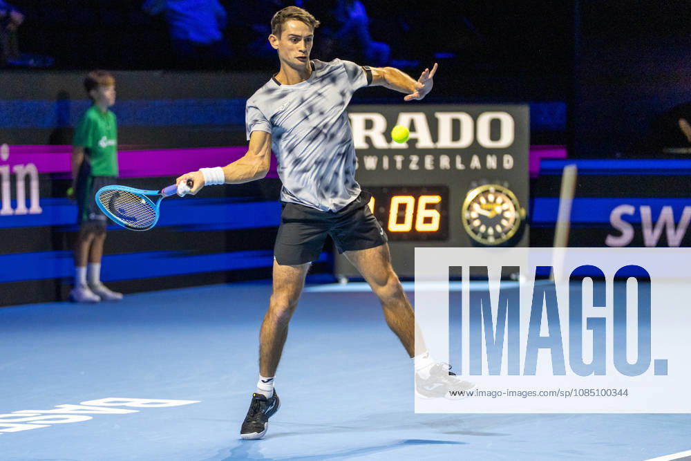 BASEL, SWITZERLAND, OCTOBER 26 — Mariano Navone of Argentina hits a forehand against Valentin Vacherot of Monaco during Day 3 of the Swiss Indoors Basel at St. Jakobshalle on October 26, 2026, in Basel, Switzerland