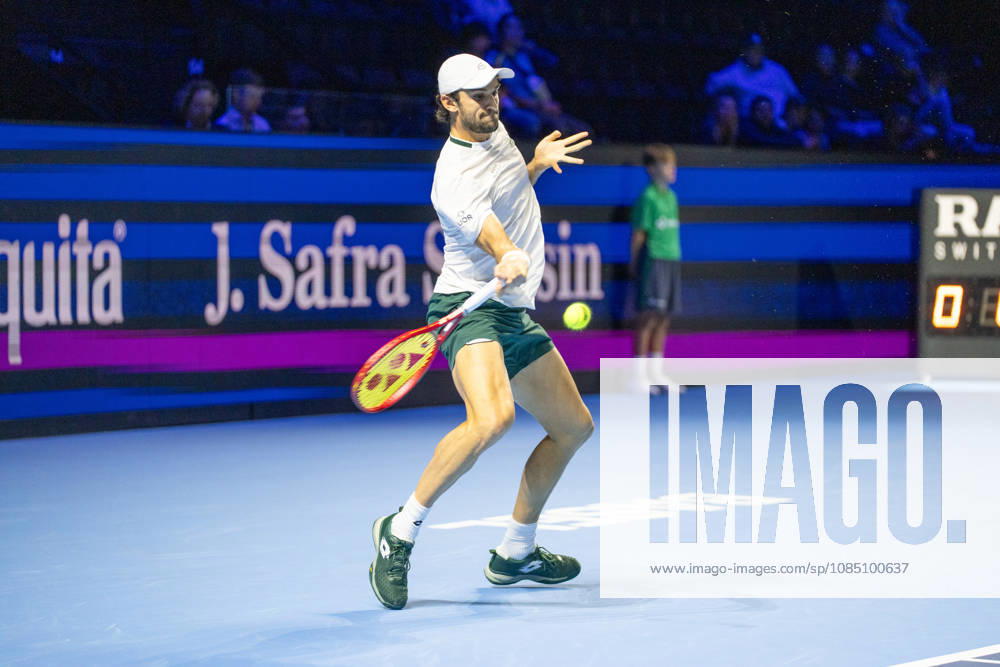 BASEL, SWITZERLAND, OCTOBER 26: Valentin Vacherot of Monaco hits a forehand against Mariano Navone of Argentina during Day 3 of the Swiss Indoors Basel at St. Jakobshalle on October 26, 2026, in Basel, Switzerland