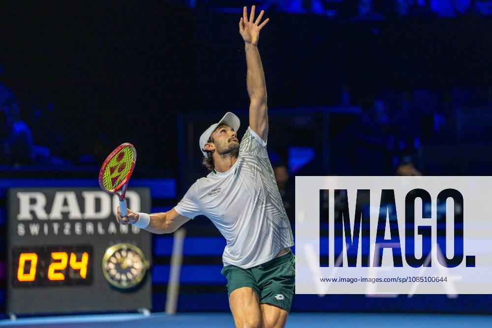 BASEL, SWITZERLAND, OCTOBER 26 — Valentin Vacherot of Monaco serves the ball against Mariano Navone of Argentina during Day 3 of the Swiss Indoors Basel at St. Jakobshalle on October 26, 2026, in Basel, Switzerland