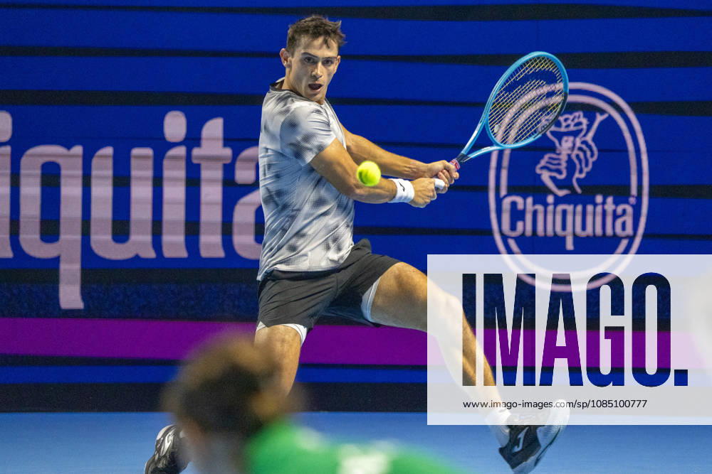 BASEL, SWITZERLAND, OCTOBER 26: Mariano Navone of Argentina hits a backhand against Valentin Vacherot of Monaco during Day 3 of the Swiss Indoors Basel at St. Jakobshalle on October 26, 2026, in Basel, Switzerland
