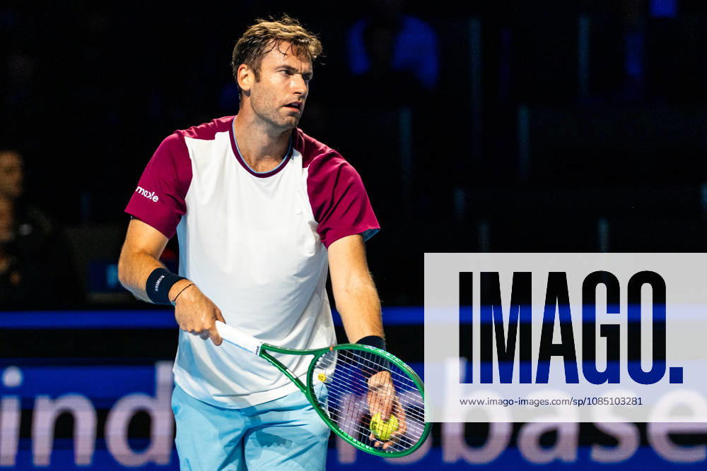 BASEL, SWITZERLAND, OCTOBER 26 — Quentin Halys of France serves the ball against Holger Rune of Denmark during Day 3 of the Swiss Indoors Basel at St. Jakobshalle on October 26, 2026, in Basel, Switzerland