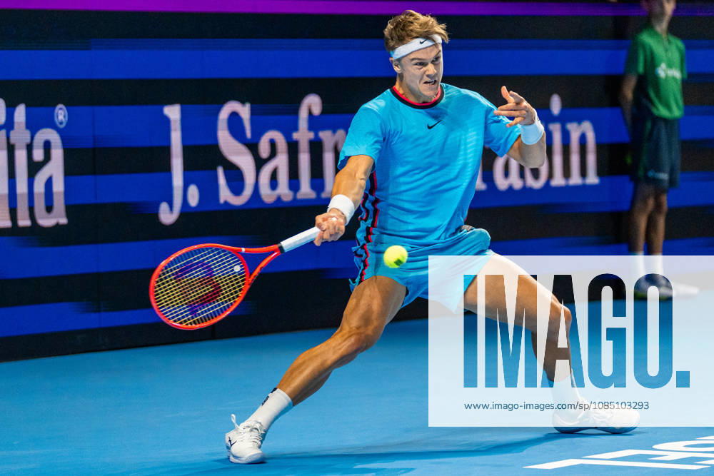 BASEL, SWITZERLAND, OCTOBER 26 Holger Rune of Denmark in action during Day 3 of the Swiss Indoors Basel at St. Jakobshalle on October 26, 2026, in Basel, Switzerland