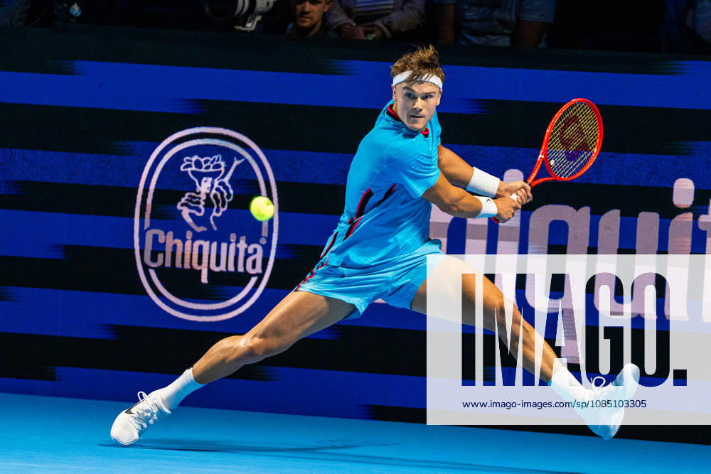 BASEL, SWITZERLAND, OCTOBER 26: Holger Rune of Denmark hits a backhand against Quentin Halys of France during Day 3 of the Swiss Indoors Basel at St. Jakobshalle on October 26, 2026, in Basel, Switzerland