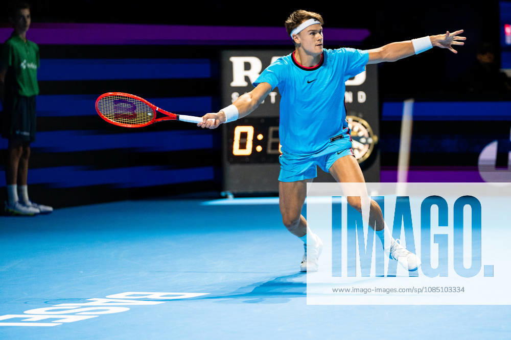 BASEL, SWITZERLAND, OCTOBER 26 Holger Rune of Denmark in action during Day 3 of the Swiss Indoors Basel at St. Jakobshalle on October 26, 2026, in Basel, Switzerland