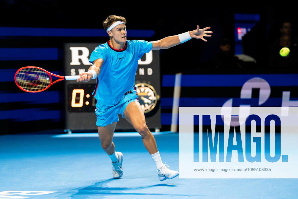 BASEL, SWITZERLAND, OCTOBER 26 Holger Rune of Denmark in action during Day 3 of the Swiss Indoors Basel at St. Jakobshalle on October 26, 2026, in Basel, Switzerland