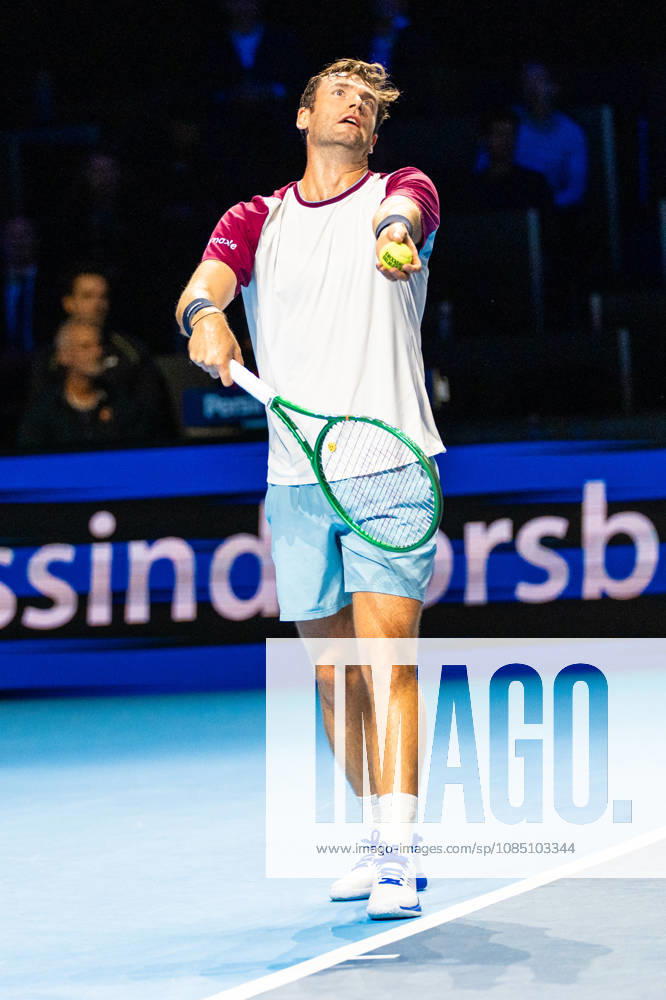 BASEL, SWITZERLAND, OCTOBER 26 — Quentin Halys of France serves the ball against Holger Rune of Denmark during Day 3 of the Swiss Indoors Basel at St. Jakobshalle on October 26, 2026, in Basel, Switzerland