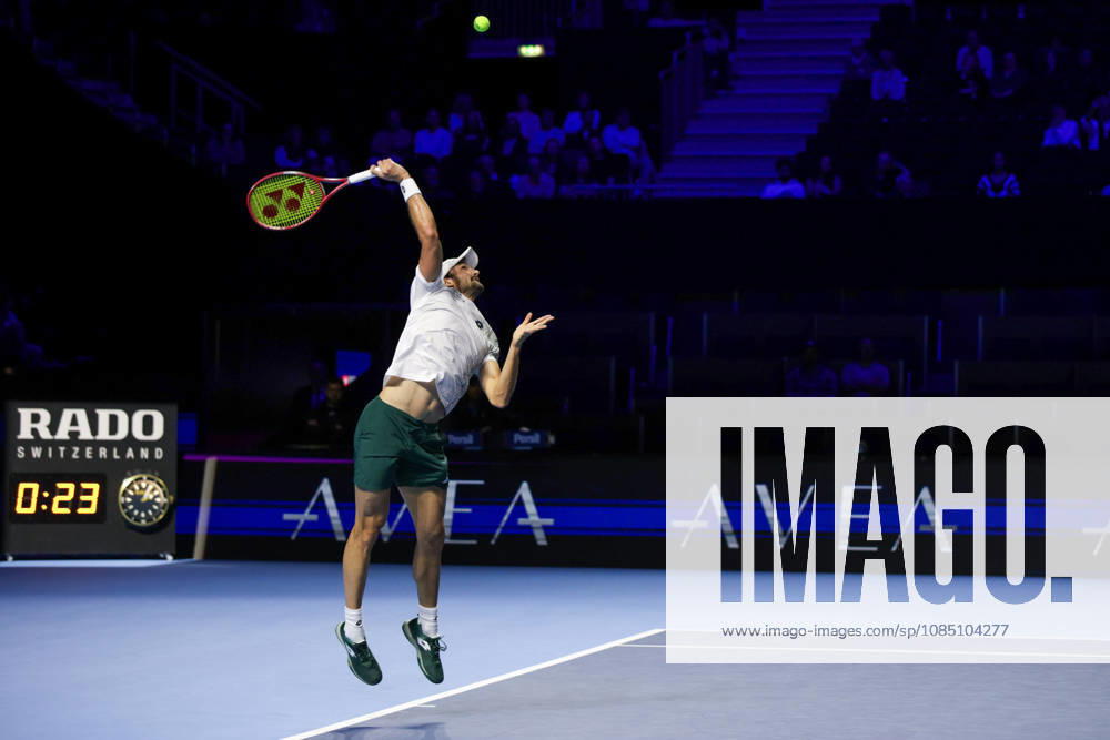 26th October 2026; St. Jakobshalle, Basel, Switzerland; ATP, Tennis Herren Tennis, Swiss Indoors Basel, Day 3; first round match; Valentin Vacherot of Monaco serves AnthonyxBenoit
