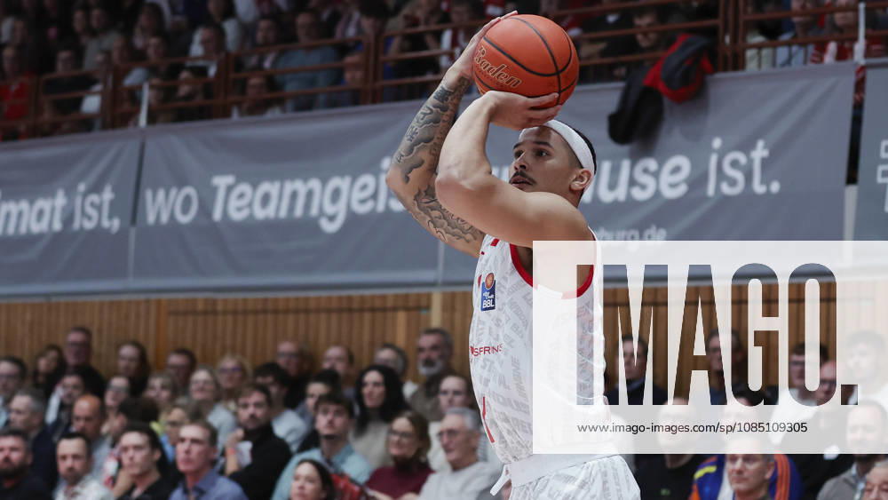 Pictured: Max Jones of the Würzburg Baskets, No. 2, making a three-pointer on October 26, 2026,Fitness First Würzburg Baskets vs. NINERS Chemnitz, easyCredit BBL, Matchday 6, Germany, 97072, tectake Arena Würzburg,