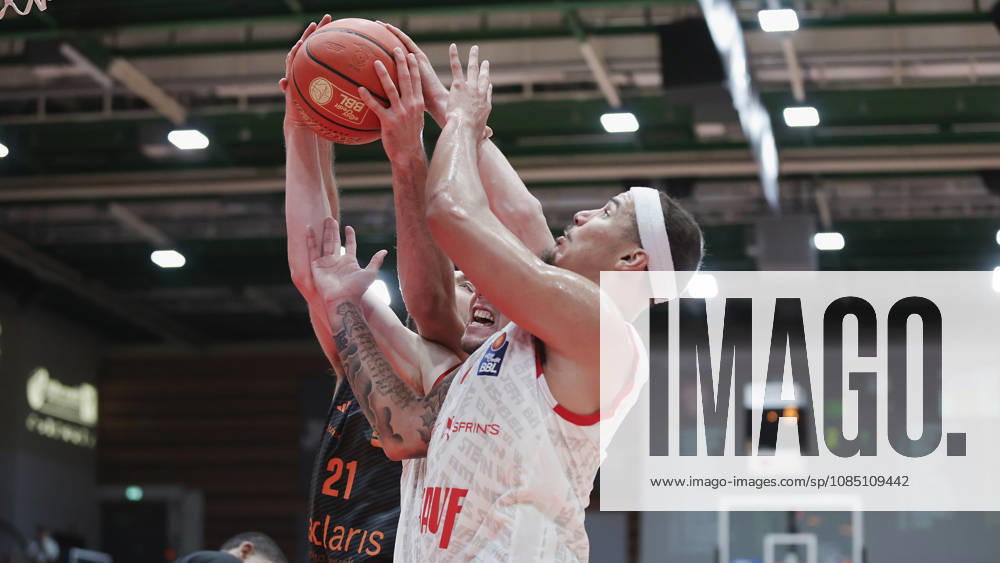 Pictured from left: Mateo Seric of the NINERS Chemnitz, 21, Ben Burnham of the NINERS Chemnitz, 25, and Max Jones of the Würzburg Baskets, 2, in a battle for rebounds on October 26, 2026,Fitness First Würzburg Baskets vs. NINERS Chemnitz, easyCredit BBL, Matchday 6, Germany, 97072, tectake Arena Würzburg,