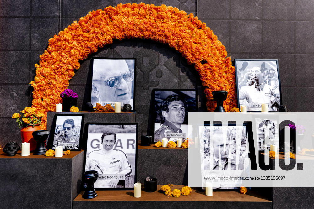 MEXICO CITY: A memorial site dedicated to, among others, Ayrton Senna and Juan Manuel Fangio during the Formula 1 Mexican Grand Prix at the Autódromo Hermanos Rodríguez on October 28, 2026, in Mexico City, Mexico. Photo by DeFodi Images