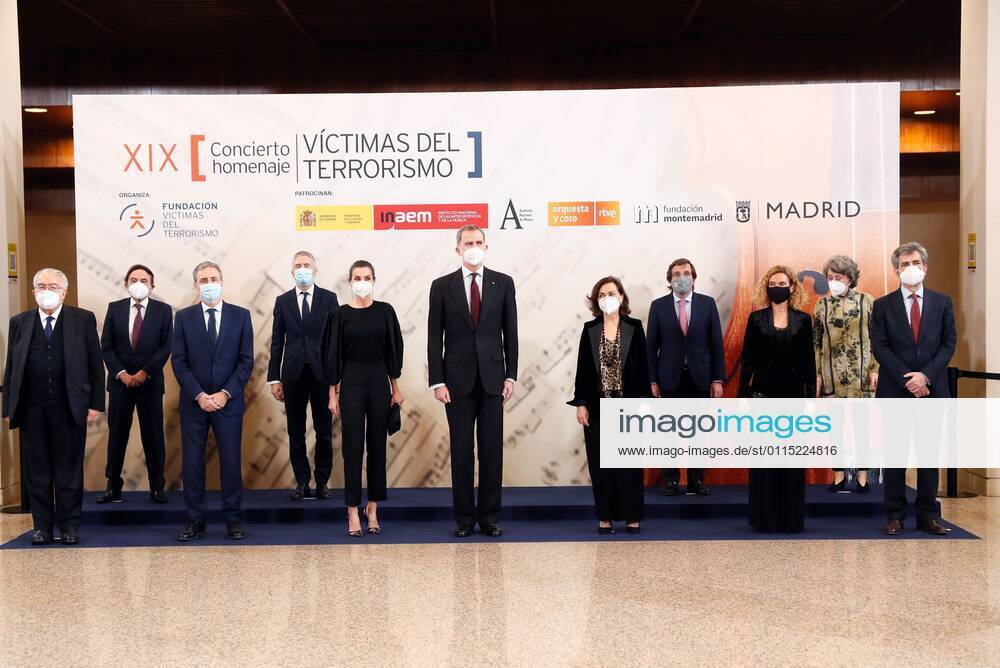 Spain s King Felipe VI (C-R) and Queen Letizia (C-L) pose for the media prior the 19th In Mermoriam Concert organized by The Foundation of Victims of Terrorism in memory of the victims of 4March Madrid bombing at National Auditory in Madrid, Spain, 10 March 2021. Spain s Royal Couple chair the 19th In Mermoriam Concert !ACHTUNG: NUR REDAKTIONELLE NUTZUNG!