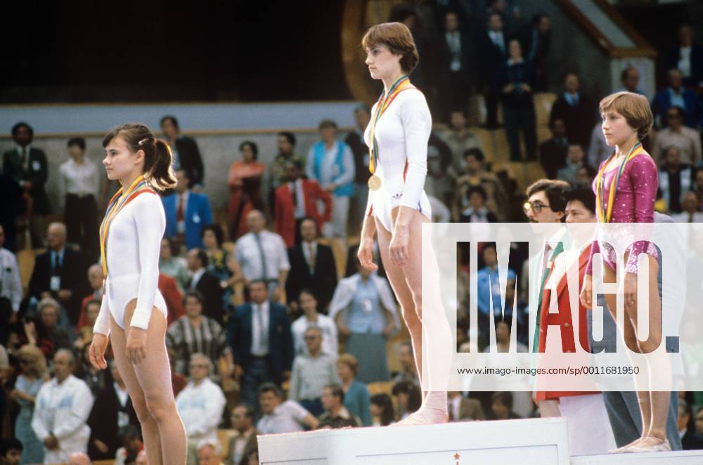 USSR. Moscow. 22nd Olympics. Gymnastics. Winners of the Olympic Games in balance beam exercises (L-R): Yelena Davydova (USSR, 2nd place), Nadia Comaneci (Romania, 1st place) and Natalia Shaposhnikova (USSR, 3rd place). TASS_1255473