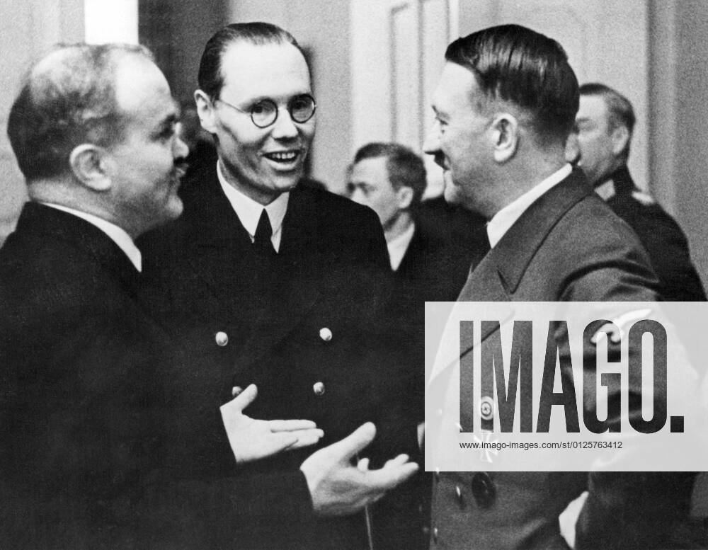 Vyacheslav Mikhailovich Molotov (9 March 1890 8 November 1986) was a Soviet politician and diplomat, an Old Bolshevik, and a leading figure in the Soviet government from the 1920s, when he rose to power as a protà gà of Joseph Stalin.<br ><br > Molotov served as Chairman of the Council of People s Commissars (Premier) from 1930 to 1941, and as Minister of Foreign Affairs from 1939 to 1949 and from 1953 to 1956. He served as First Deputy Premier from 1942 to 1957, when he was dismissed from the Presidium of the Central Committee by Nikita Khrushchev.<br ><br > Adolf Hitler (20 April 1889 30 April 1945) was a German politician of Austrian origin who was the leader of the Nazi Party (NSDAP), Chancellor of Germany from 1933 to 1945, xSupplier:MediaxCo.xLtd.x