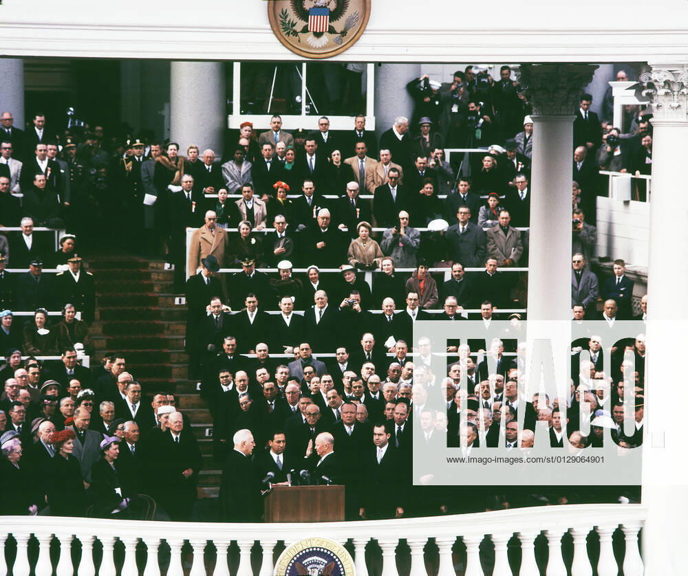 U.S. Chief Justice Earl Warren administering Oath of Office to Dwight D. Eisenhower, East Portico, U.S. Capitol, Washington, D.C., USA, Architect of the Capitol