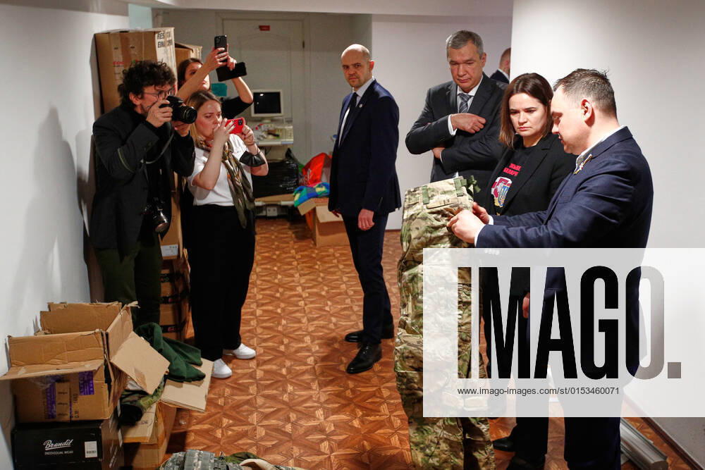 Belarusian Opposition Leader Sviatlana Tsikhanouskaya Visit To Warsaw Belarusian opposition leader Sviatlana Tsikhanouskaya is shown equipment for foreign fighters at the Belarusian House in Warsaw, Poland on 24 March, 2022. Warsaw Poland