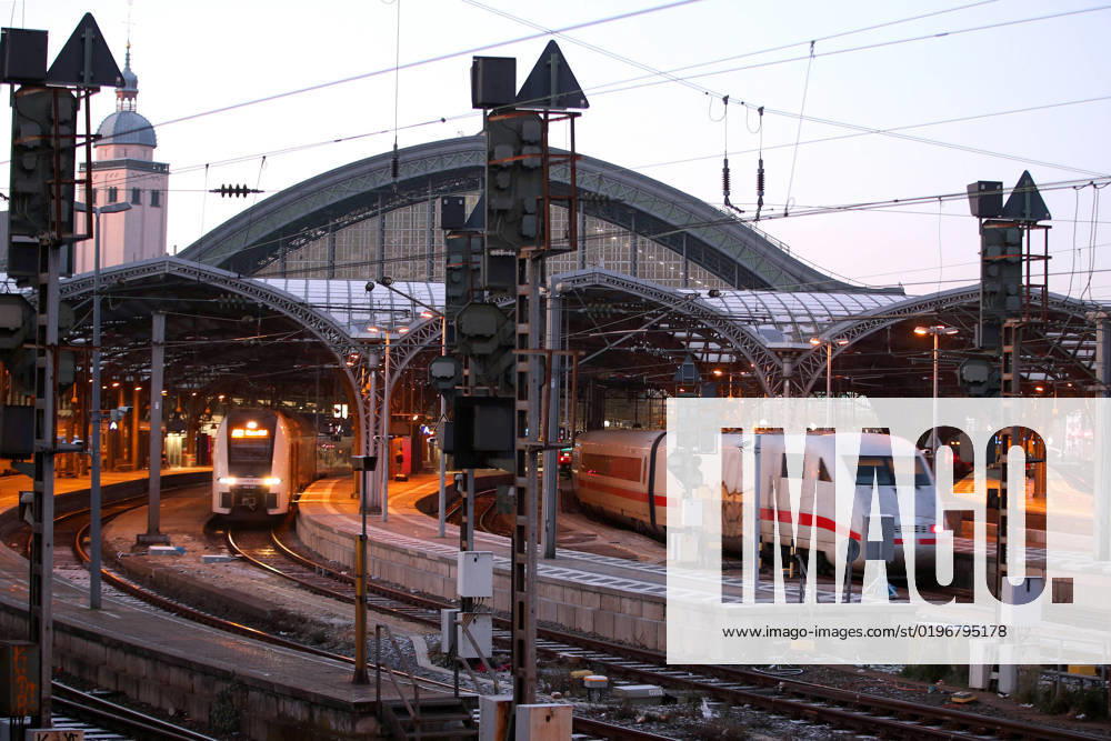Cologne, The Cologne main station HBF is the most important railroad junction of Cologne and is located in the city center Trains stand on the tracks and drive to the station The rails are iced over by frost The introduction of the 49 Euro ticket should lead to better availability in local transport North Rhine Westphalia Germany
