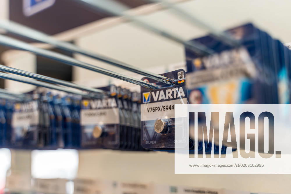 Bavaria, Germany - 15 February 2023: VARTA batteries in a sales booth in a store. Rechargeable battery and battery from Varta