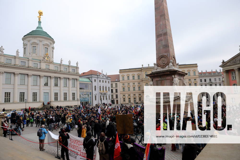 Demonstrators stand on the Old Market during a Fridays for Future demo for more climate protection, Potsdam, March 3, 2023 Global Climate Strike Fridays for Future Demo in Potsdam.