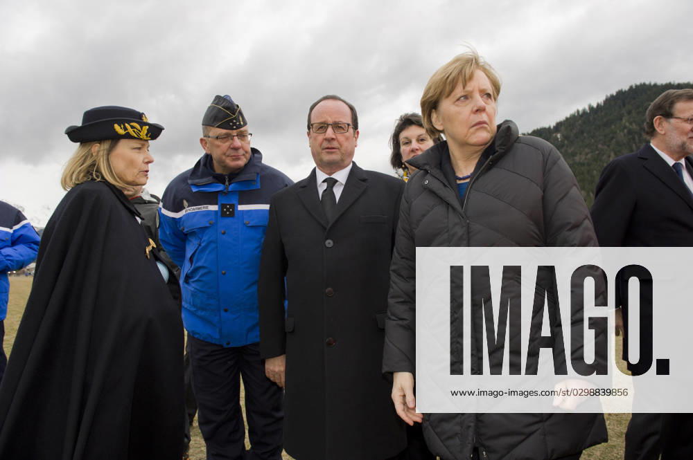 Germanwings Airbus Crash - Hollande, Merkel And Rajoy On Site - Le Vernet German Chancellor Angela Merkel, French President Francois Hollande and Spanish Prime Minister Mariano Rajoy meet rescuers in Seyne-les-Alpes on March 25, 2015, a day after a German Airbus A320 of the low-cost carrier Germanwings crashed, killing all 150 people on board. The jet had taken off from Barcelona in Spain and was headed for Duesseldorf in Germany. Seyne-les-Alpes France