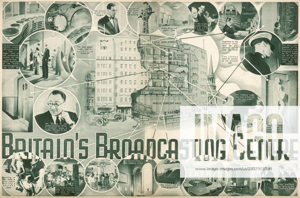BBC 1935 Spread from Radio Pictorial Annual showing the British Broadcasting Centre including the interior with the vaudeville studio, the gramaphone effects studio, concert hall, council chamber, Sir John Reith s office, and restaurant in 1935 Date: 1935