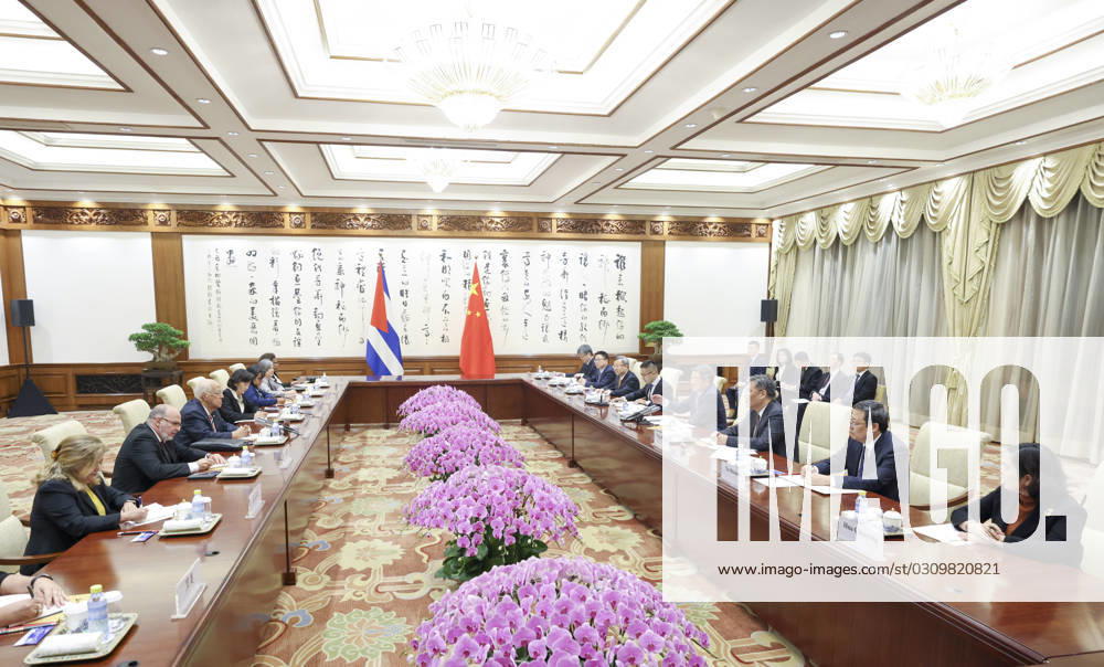 (231023) -- BEIJING, Oct. 23, 2023 -- Chinese Vice Premier He Lifeng, also a member of the Political Bureau of the Communist Party of China Central Committee, holds talks with Ricardo Cabrisas Ruiz, Deputy Prime Minister and Minister of Foreign Trade and Investment of Cuba, at the Diaoyutai State Guesthouse in Beijing, capital of China, Oct. 23, 2023. ) CHINA-BEIJING-HE LIFENG-CUBA-RICARDO CABRISAS RUIZ-TALKS (CN) DingxHaitao