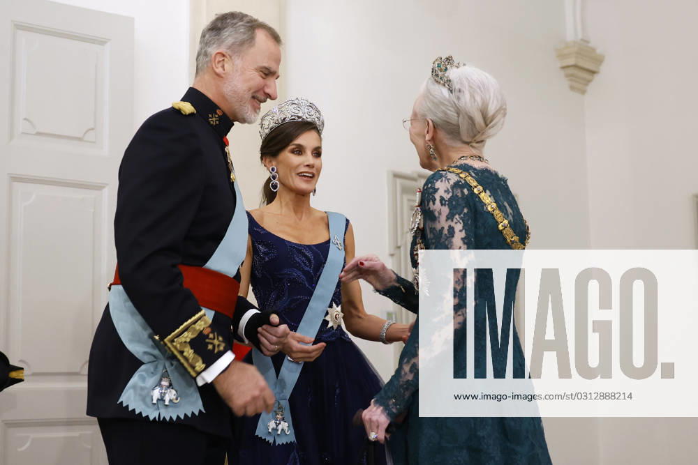 Spain s King Felipe VI (L) and Queen Letizia (C) are greeted by Queen Margrethe II (R) of Denmark upon arrival to the gala dinner in the framework of Spain s King Felipe VI and Queen Letizia s visit, in Copenhagen, Denmark, 06 november 2023. Spain s King Felipe VI and Queen Letizia are on a three-day visit to the country. Spain s King Felipe VI and Queen Letizia visit Copenhagen !ACHTUNG: NUR REDAKTIONELLE NUTZUNG!