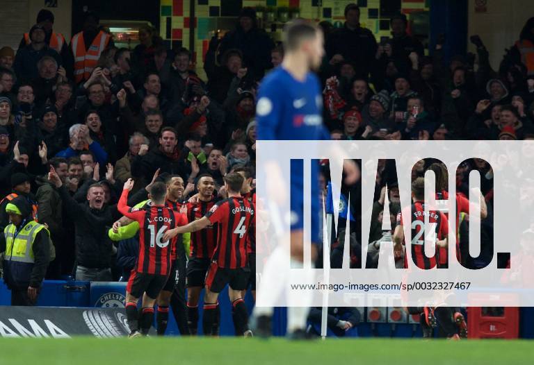 Chelsea v Bournemouth Premier League AFC Bournemouth players celebrate after Callum Wilson of AFC Bournemouth scores the opening goal during the Premier League match at Stamford Bridge, London Content Not Available For UK Newspapers