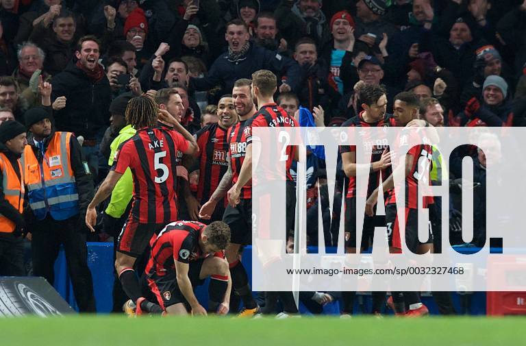 Chelsea v Bournemouth Premier League AFC Bournemouth players celebrate after Callum Wilson of AFC Bournemouth scores the opening goal during the Premier League match at Stamford Bridge, London Content Not Available For UK Newspapers