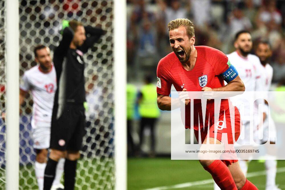 Harry Kane of England celebrates after scoring his second goal against Tunisia in their Group G match during the 2018 FIFA World Cup WM Weltmeisterschaft Fussball in Volgograd, Russia, 18 June 2018. Harry Kane fired an injury time winner as he scored twice to earn England a 2-1 win over Tunisia in their World Cup opener. England got off to a quick start in Volgograd as Kane opened his account after just 11 minutes, tapping home after Tunisian goalkeeper Mouez Hassen pulled off an acrobatic save to deny John Stones. The Three Lions kicked into gear and came close several times, with Raheem Sterling missing a sitter and Hassen pulling off another stunning stop to prevent Jesse Lingard putting England two ahead. But Tunisia were gifted a way back into the game on 35 minutes, as Kyle Walker caught Ben Youssef with an arm in the England box and gave away a penalty. The Three Lions were dominant in possession but at times laboured under the pressure of the occasion, failing to break down Tunisia as the African side defended in numbers. Harry Kane scores late winner to give England 2-1 victory over Tunisia in World Cup opener 20180619_02759